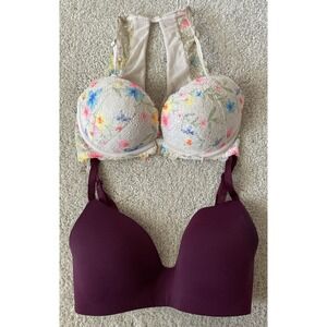 Lot 2 Victorias Secret Bras PINK Date Push Up & T Shirt Lightly Lined Sz 32DD